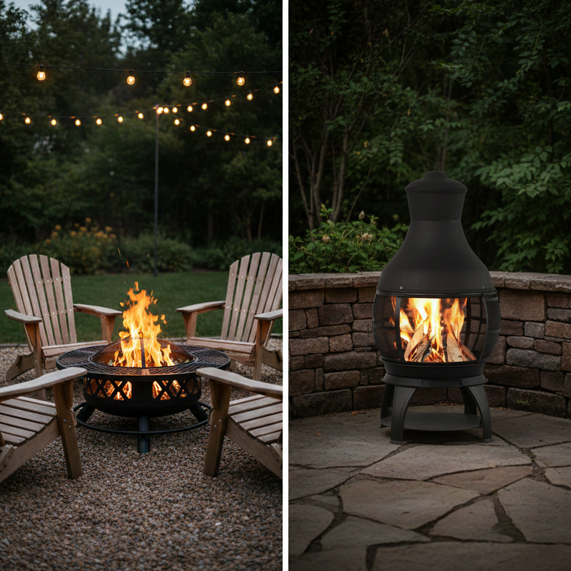 Split view comparing an open fire pit with seating on gravel versus a black chiminea on a stone patio
