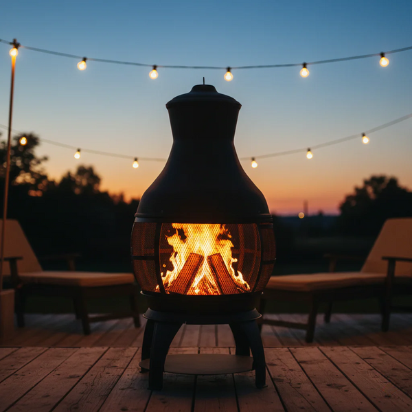 Black metal chiminea with a roaring fire on a wooden deck at dusk, illuminated by overhead string lights
