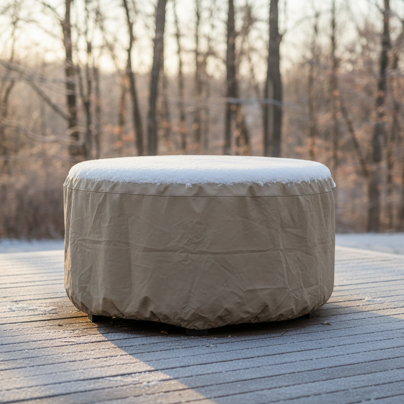 Round beige protective cover shielding a fire pit on a snowy wooden deck against a winter forest background