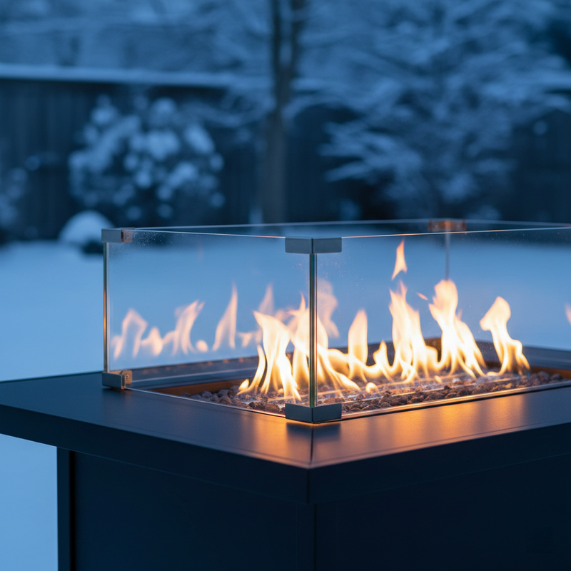 Modern gas fire pit table with a glass wind guard and bright flames in a snowy winter backyard at dusk