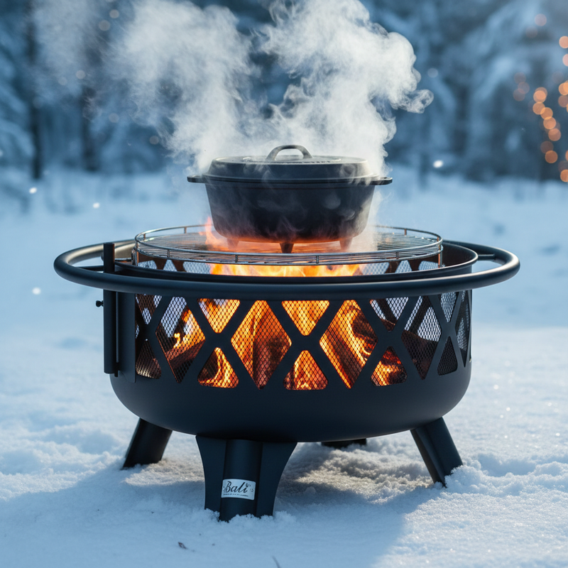Black fire pit with a steaming dutch oven cooking over flames in a snowy winter forest