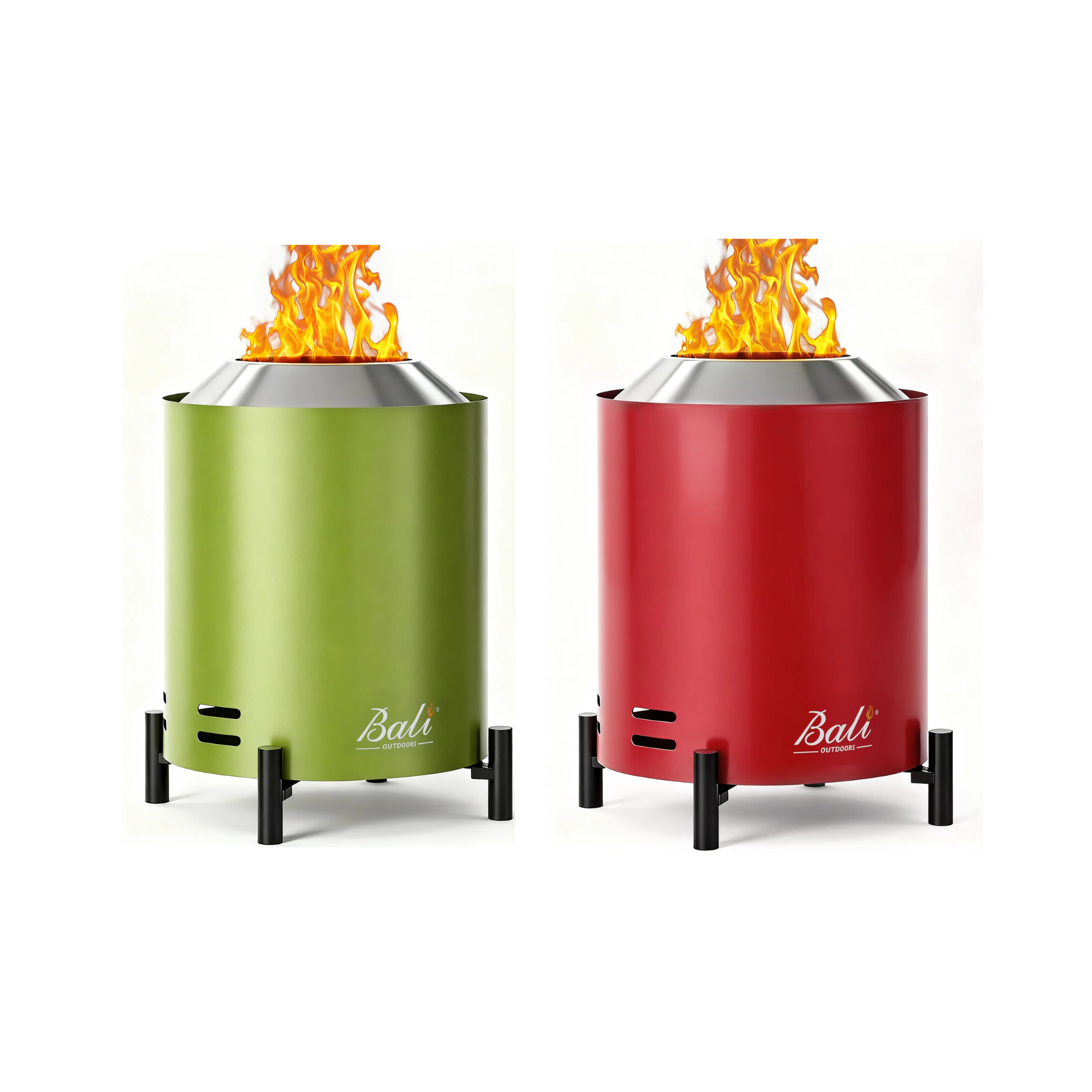Pair of 6.5-inch wood stainless steel tabletop fire pits in green and red, featuring flames