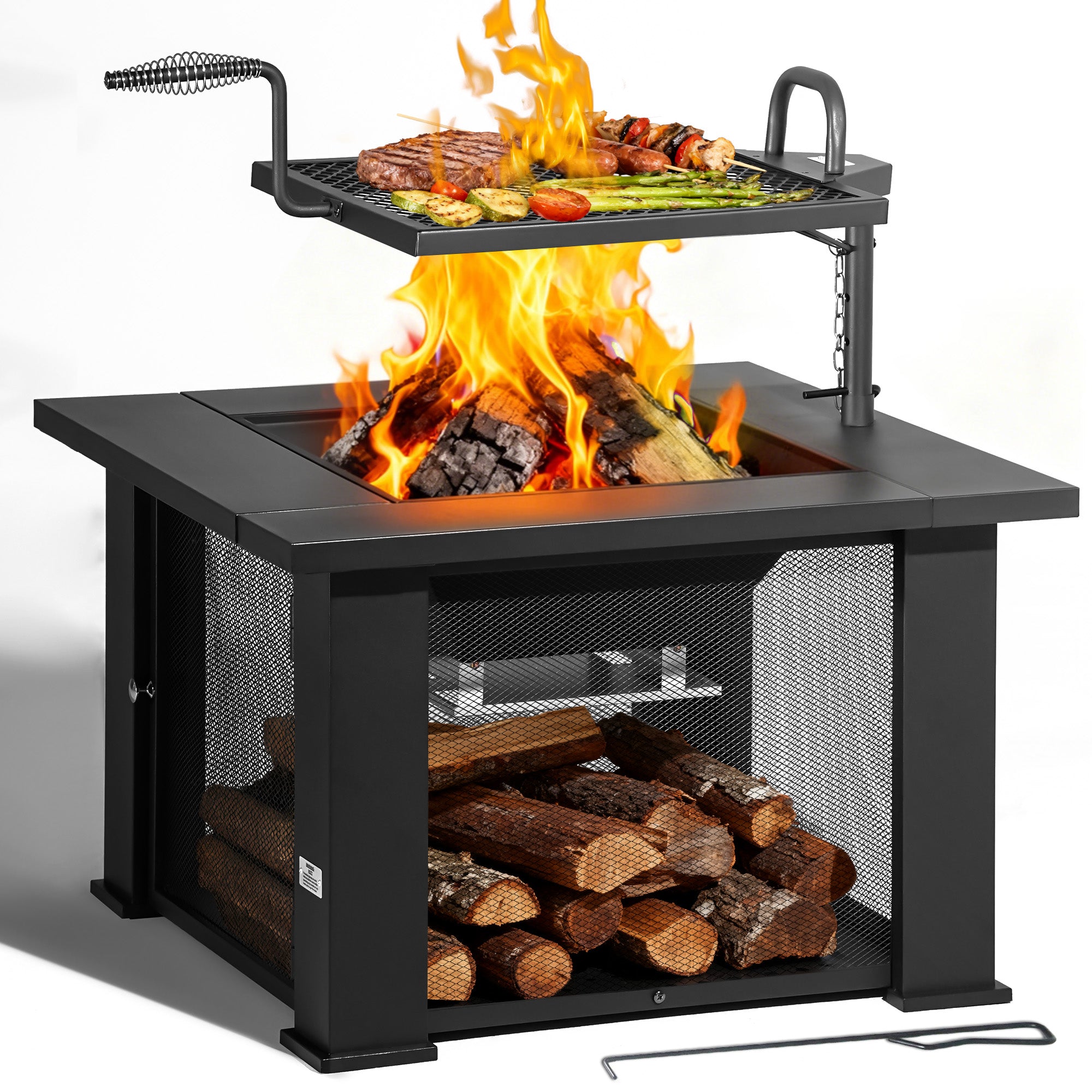 32 Inch Square Outdoor Wood Burning Fire Pit, Black