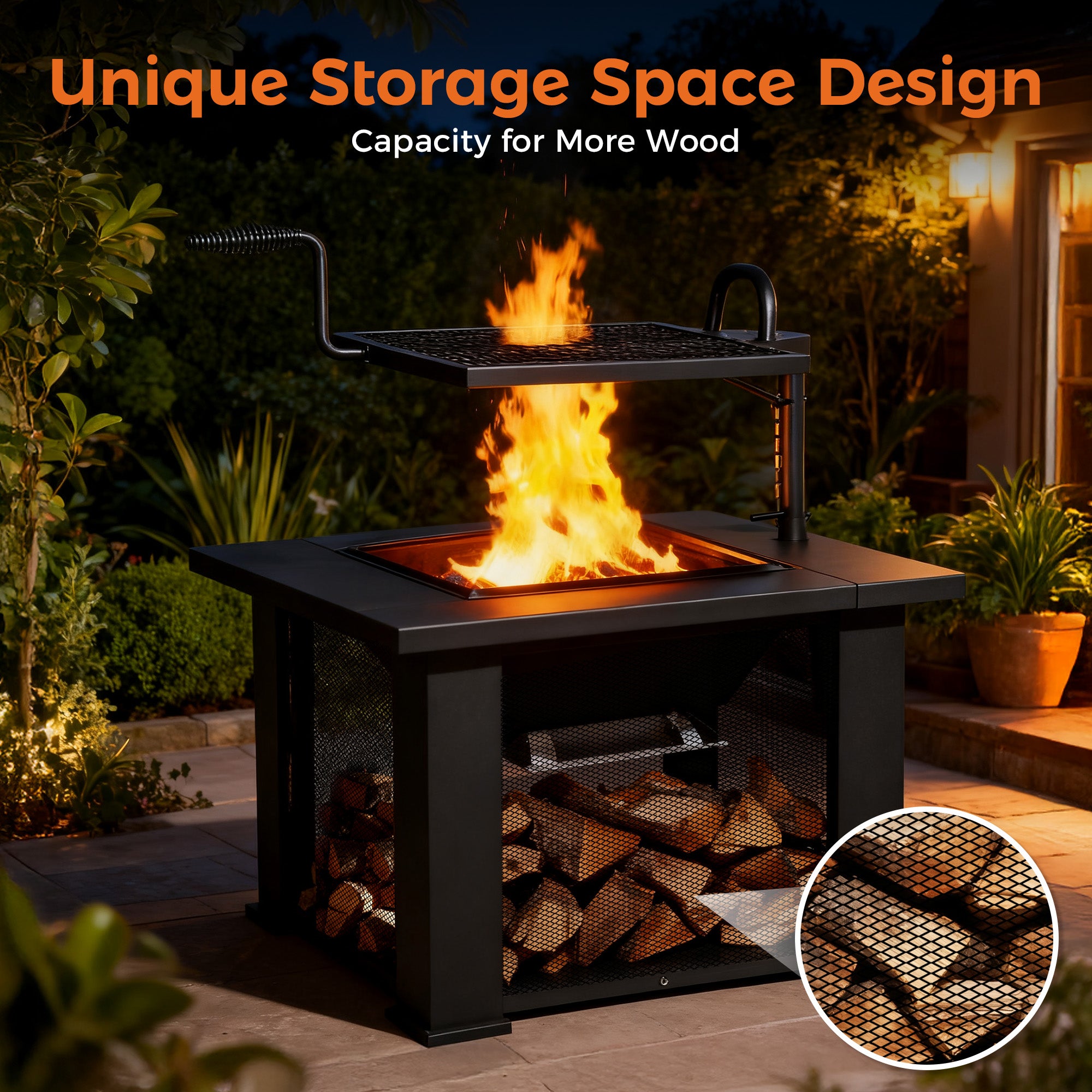 32 Inch Square Outdoor Wood Burning Fire Pit, Black