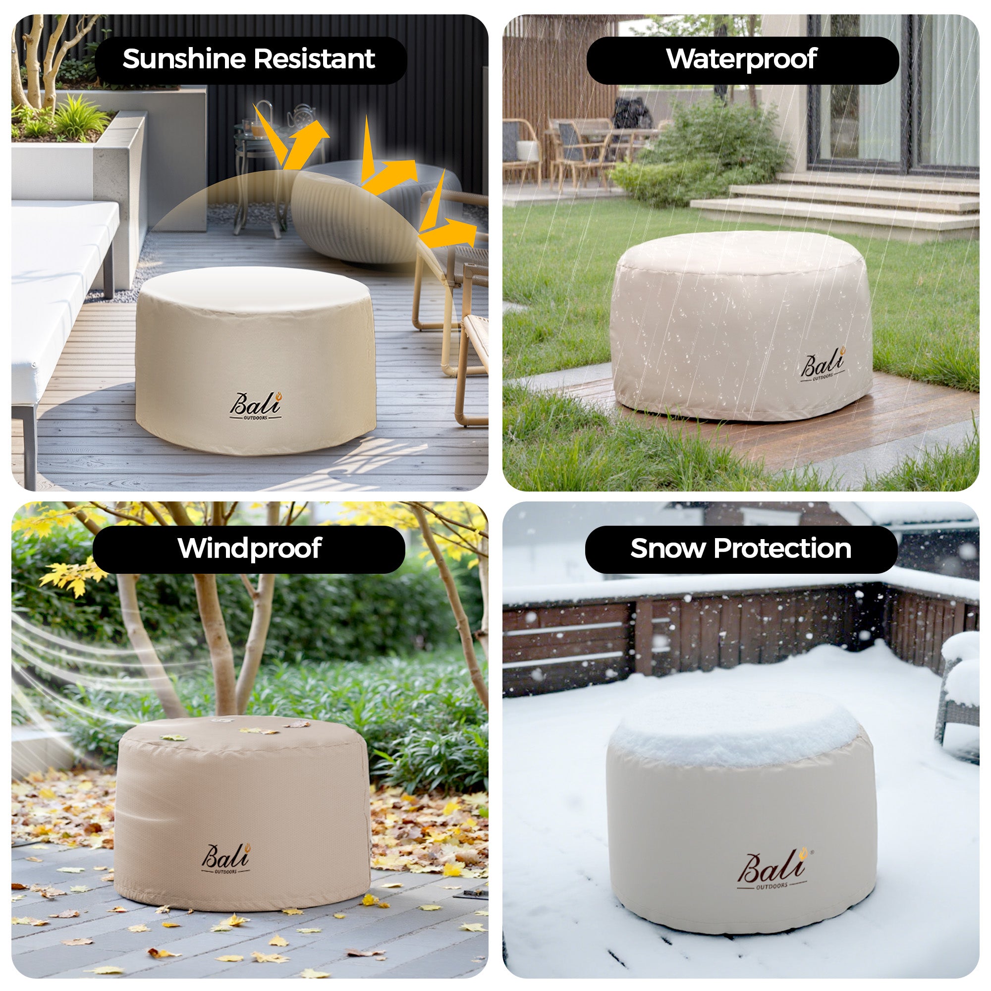 48 inch round fire pit cover in brown, demonstrating waterproof, windproof, sunshine resistant, and snow protection.