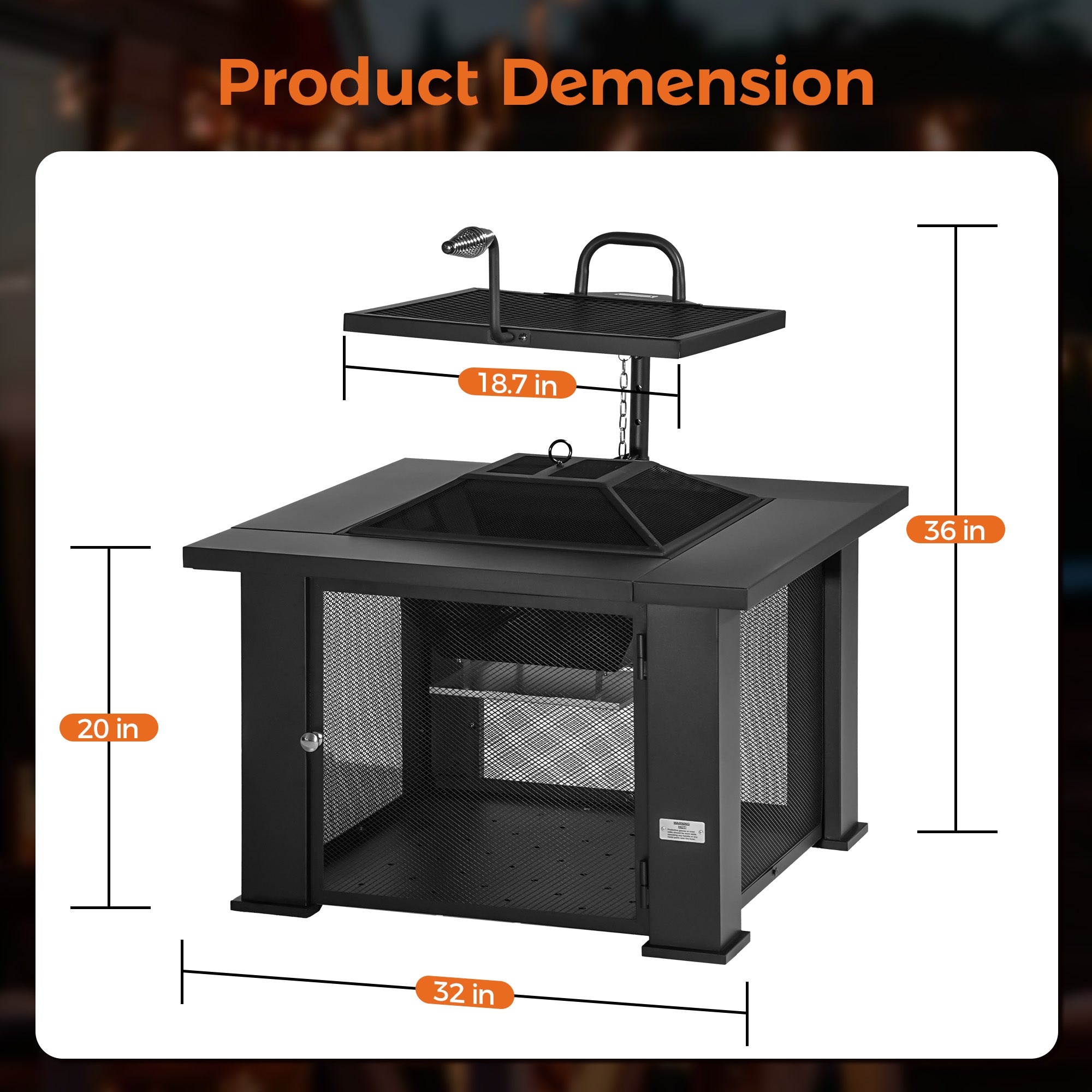 32 Inch Square Outdoor Wood Burning Fire Pit, Black