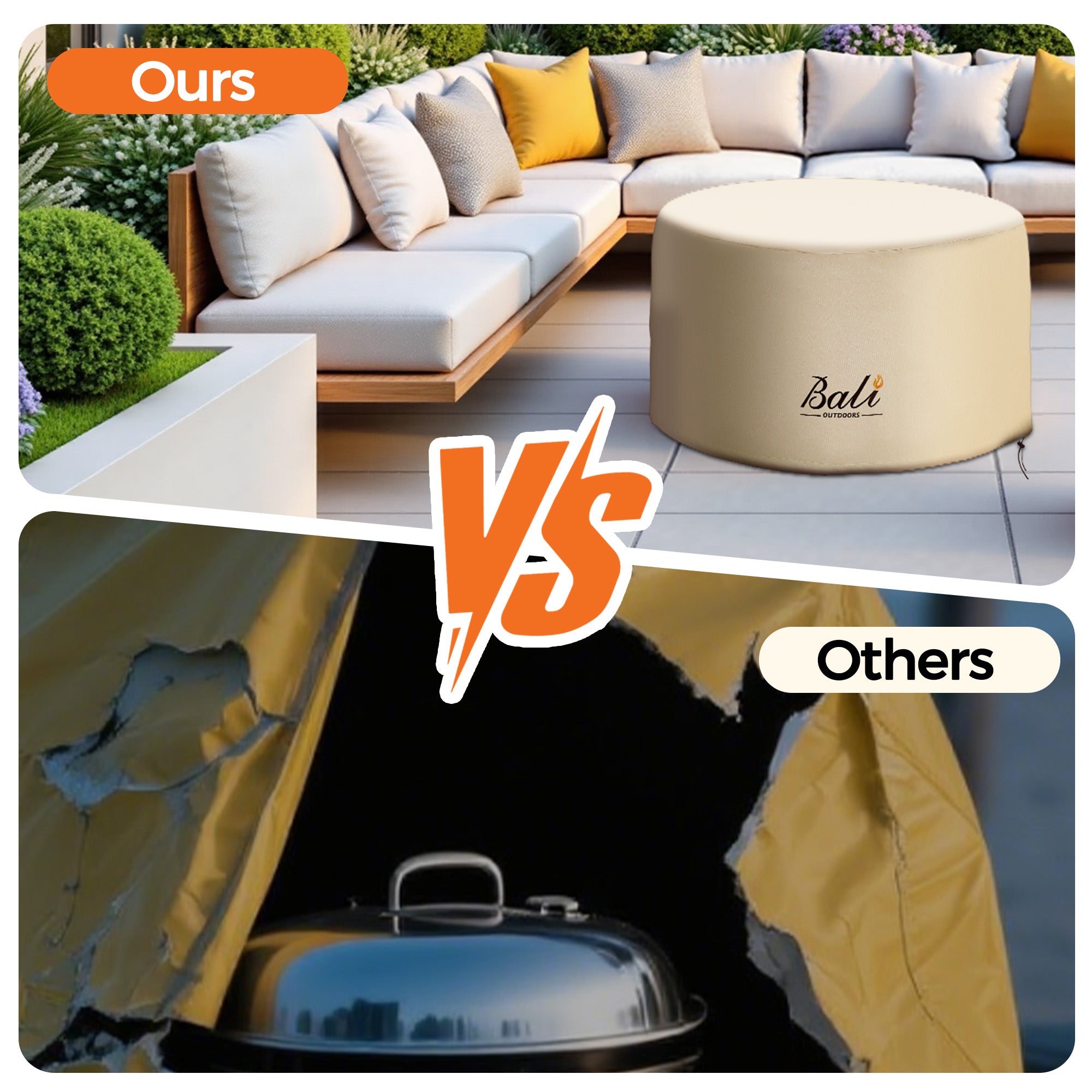 Durable brown round fire pit cover by Bali Outdoors vs. ripped, low-quality cover.
