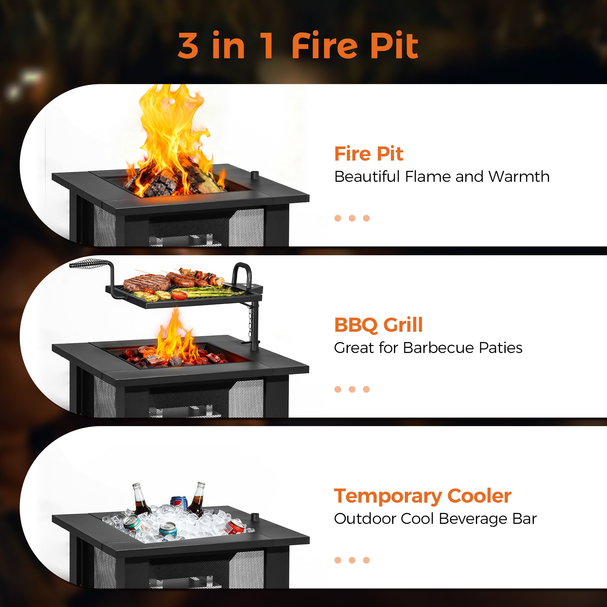 32 Inch Square Outdoor Wood Burning Fire Pit, Black