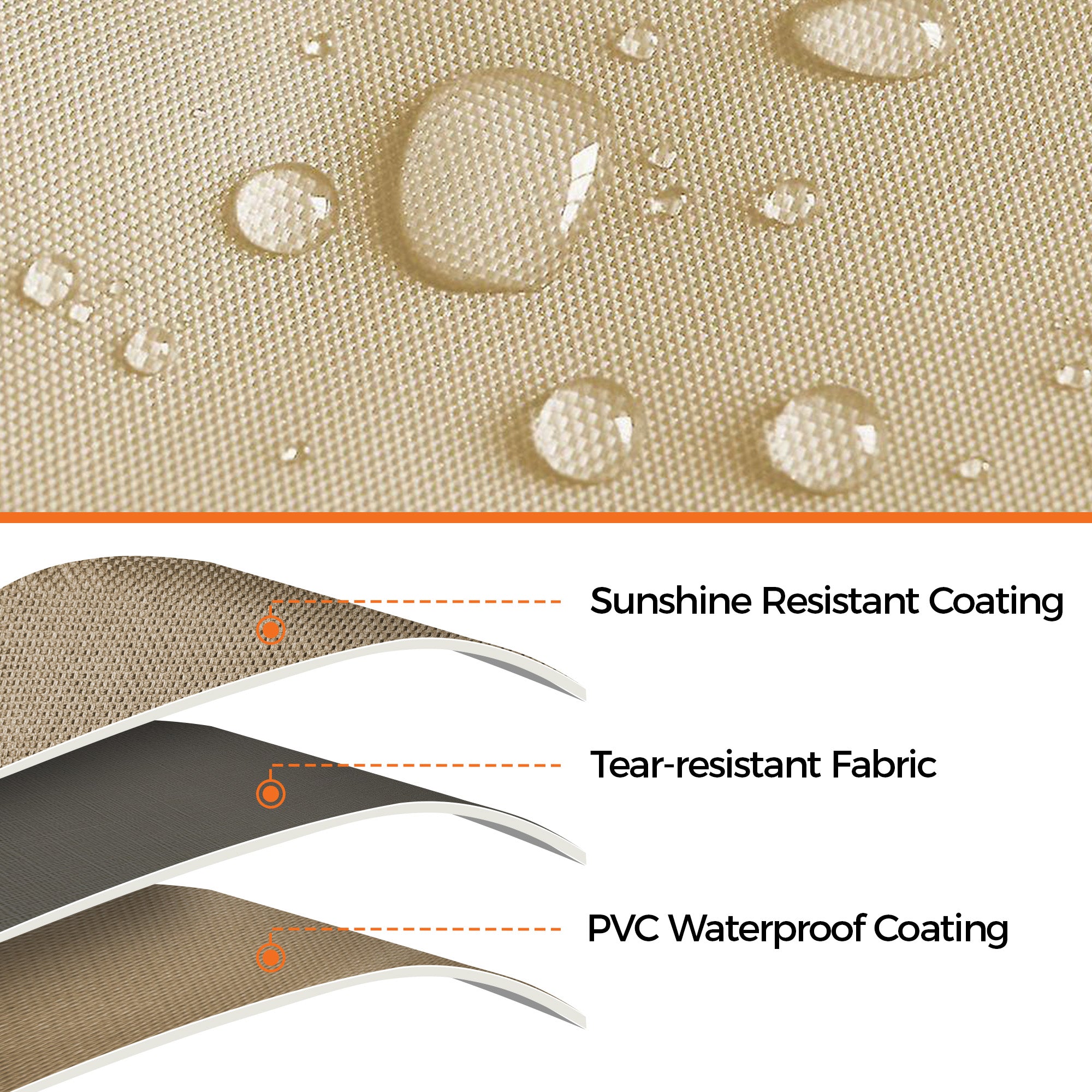 Brown fire pit cover fabric: sunshine resistant, tear-resistant, PVC waterproof. Water beads on surface.