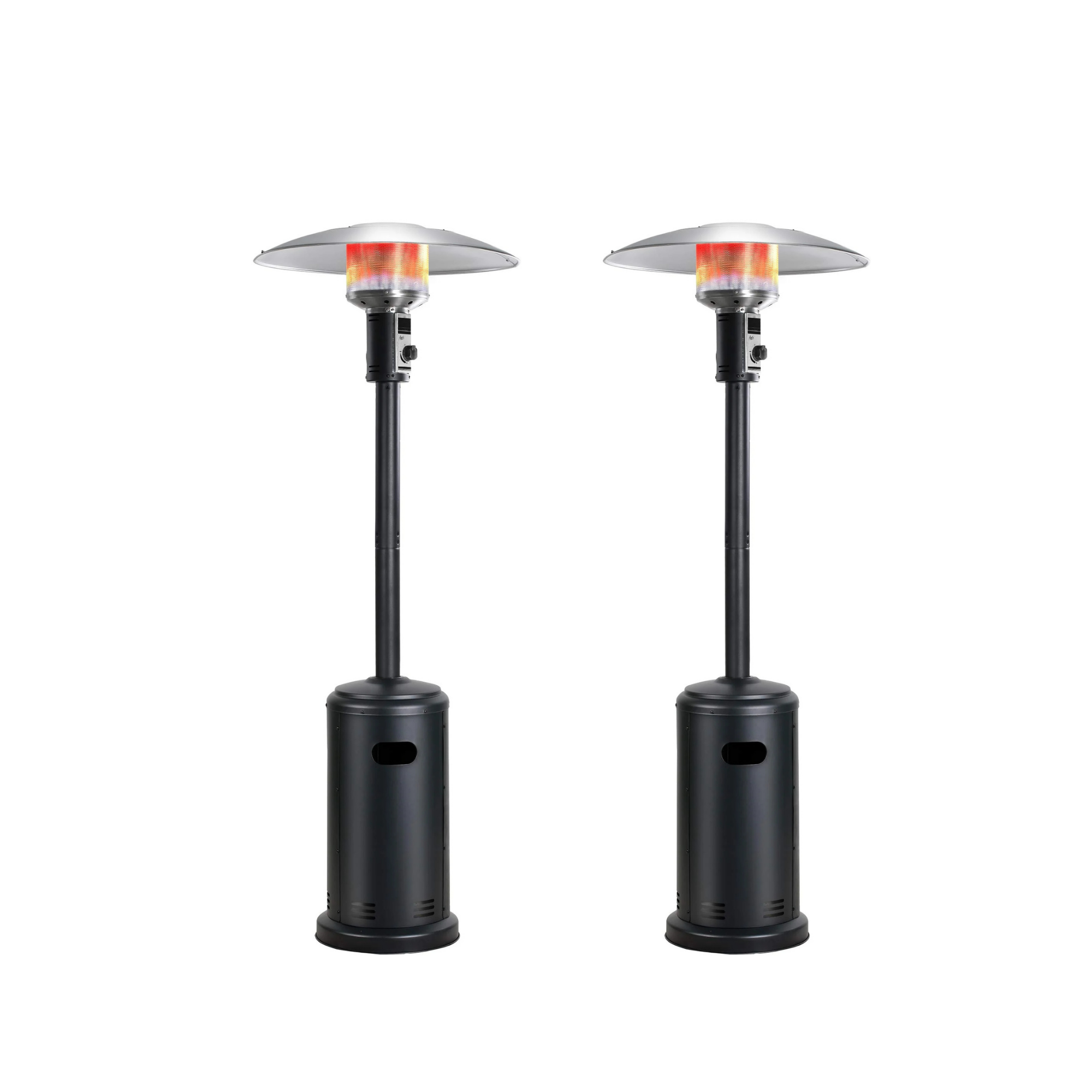 Two black 32-inch patio propane heaters with glowing red and orange flames.