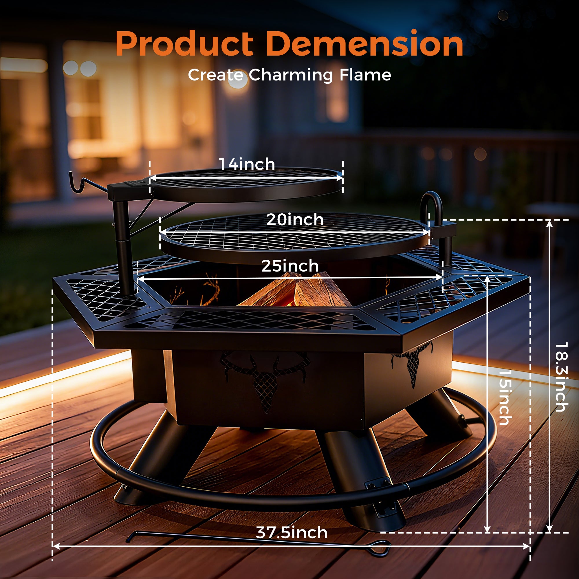 37.5 Inch Wood Burning Fire Pit, Black