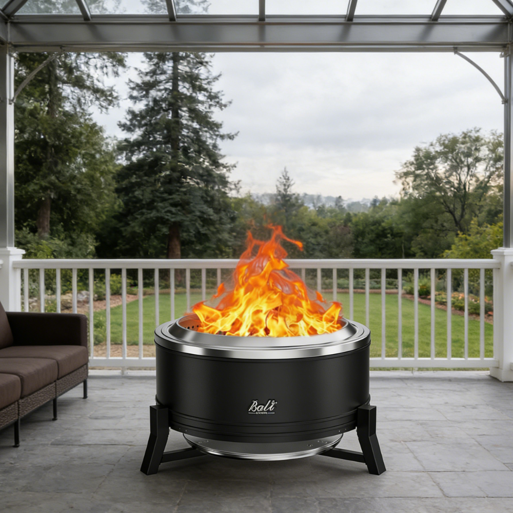27 inch outdoor smokeless fire pit with ash pan, black steel, roaring flames
