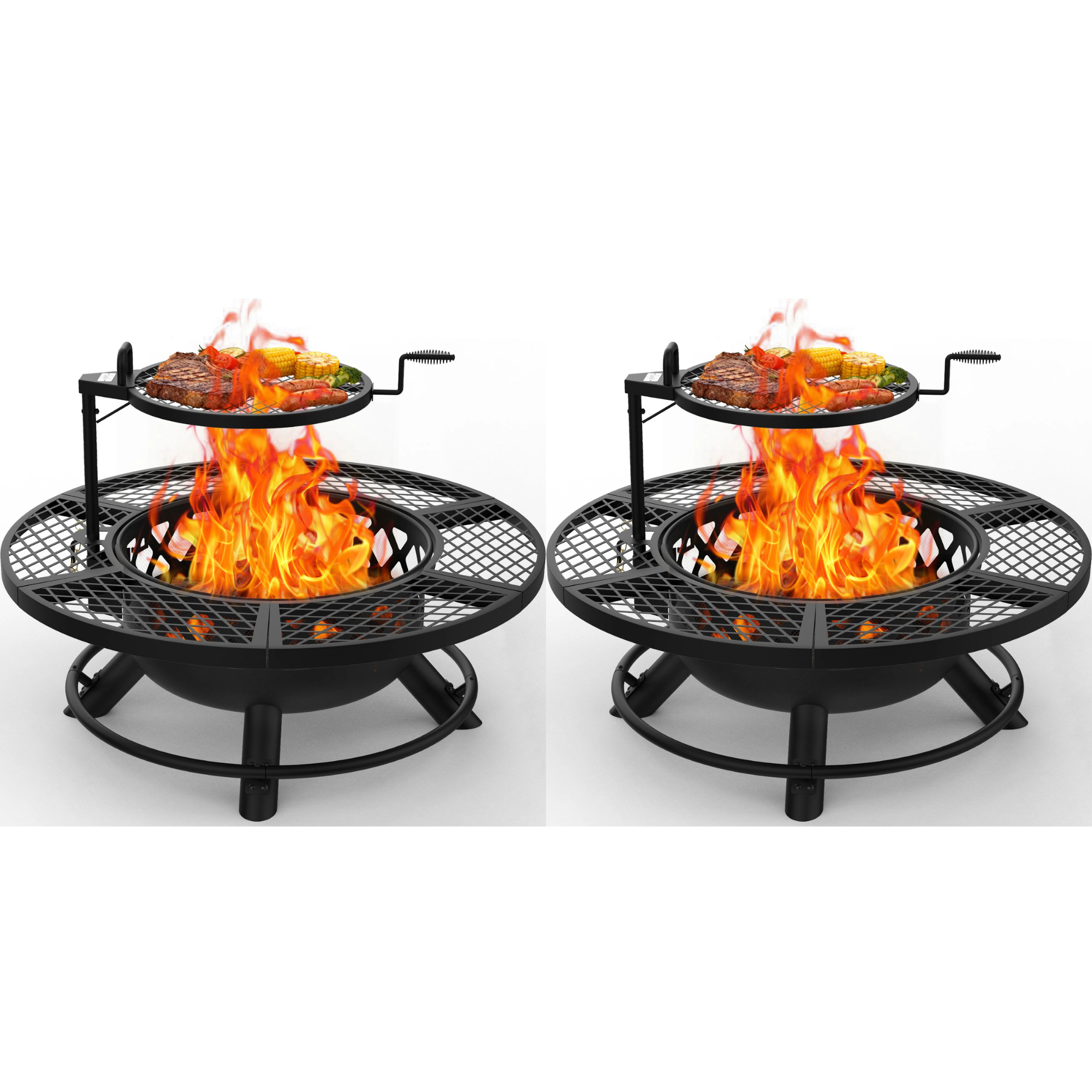 Black wood burning fire pit bundle with a grill rack featuring steak, corn on the cob, and sausages cooking over flames.