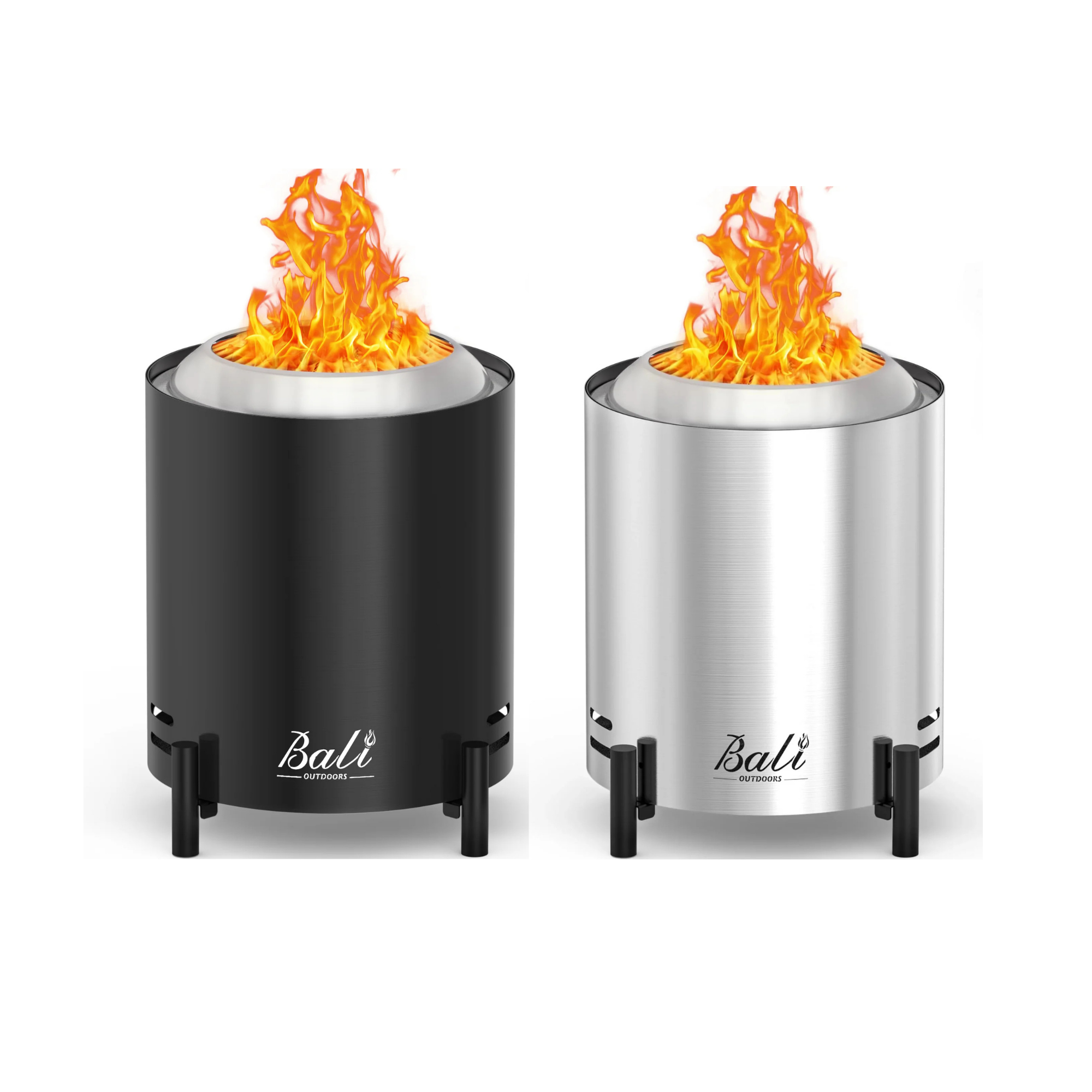 Two 6.5 inch tabletop fire pits, one black and one silver stainless steel, with flames burning.