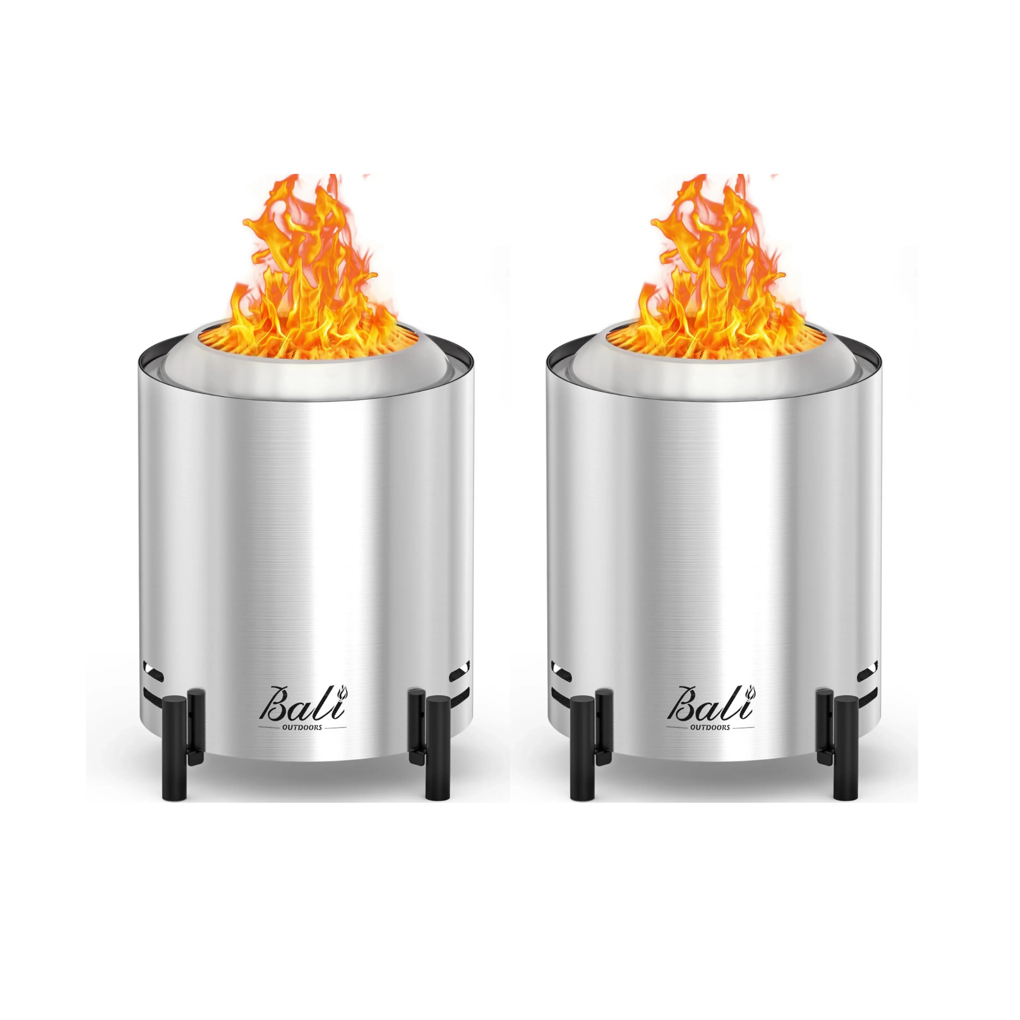 Two silver 6.5-inch stainless steel tabletop fire pits with flames and black legs. Bali Outdoors logo visible.
