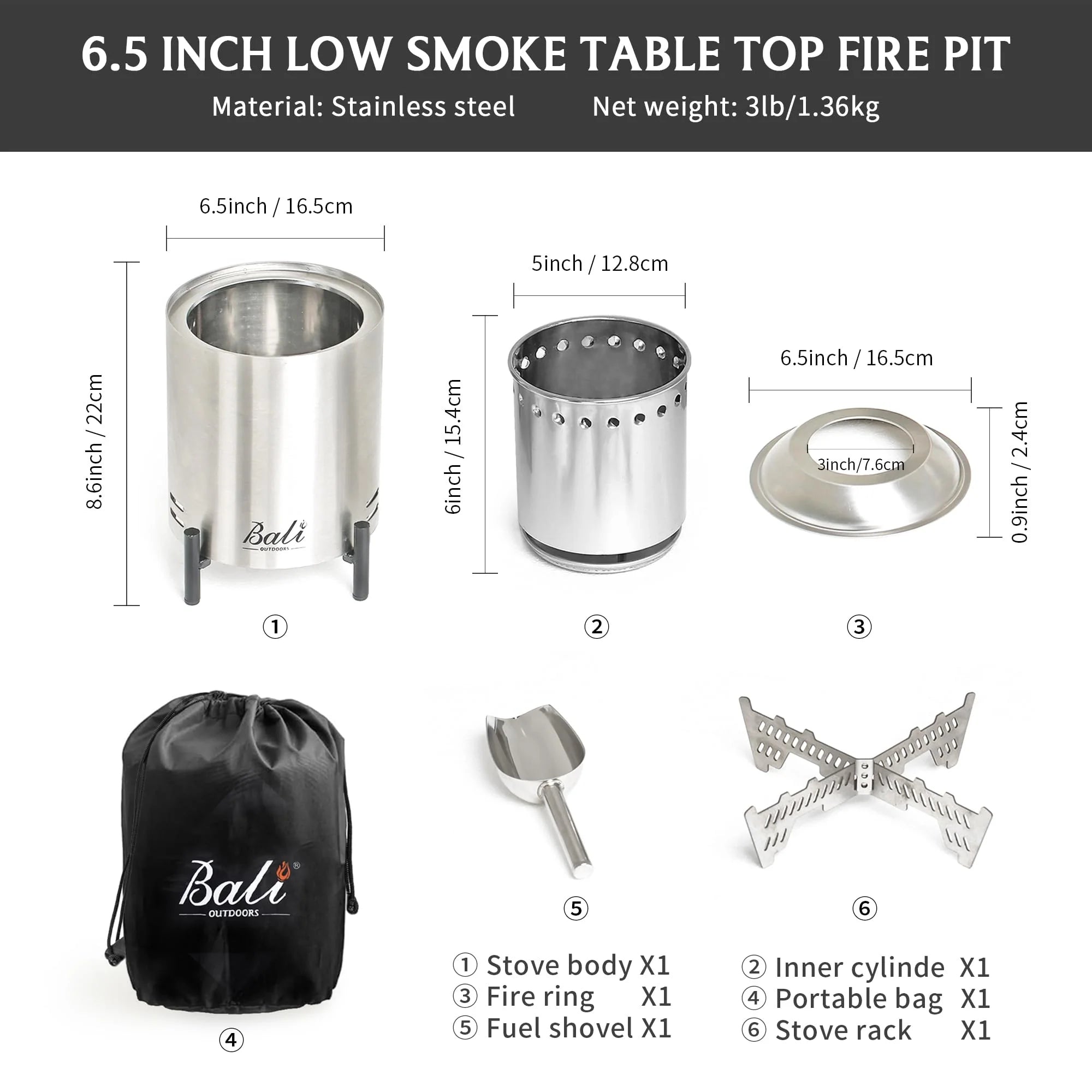 6.5 Inch Wood Stainless Steel Tabletop Fire Pit