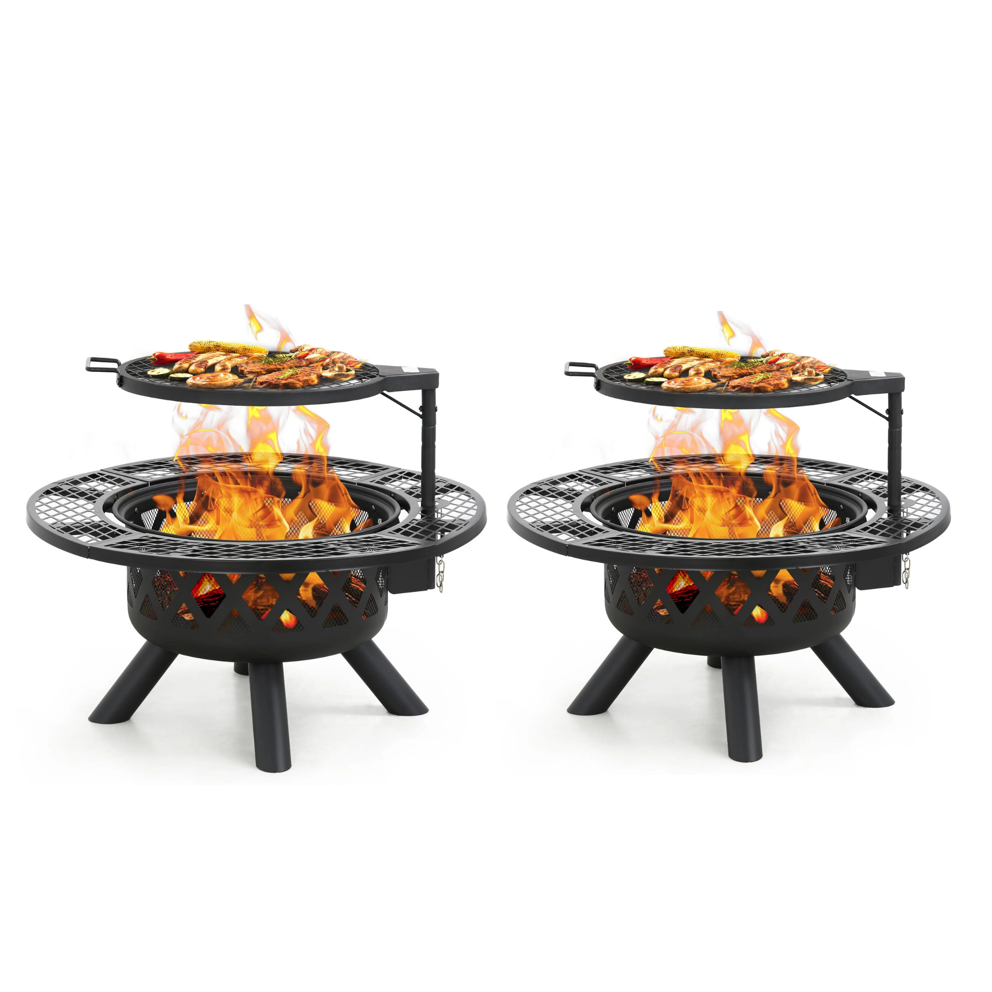 Two black wood burning fire pits with grill racks and food, flames inside. Diamond pattern sides, three legs.