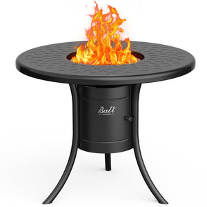 26 inch black propane fire pit table with flames by Bali Outdoors